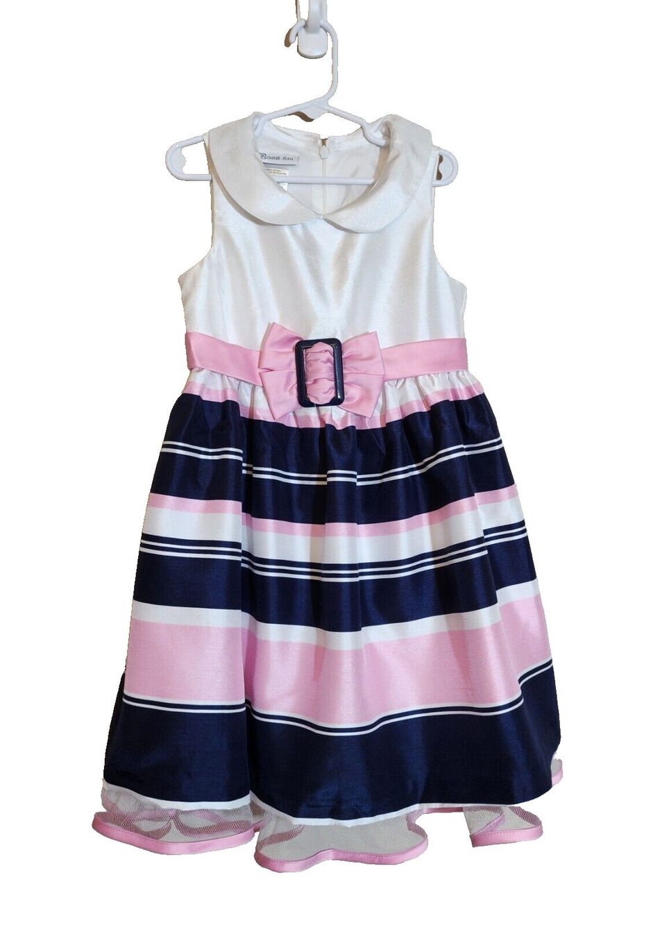 Bonnie Jean Sleeveless Striped Dress White Pink Navy Bow Holiday Girls Size 6